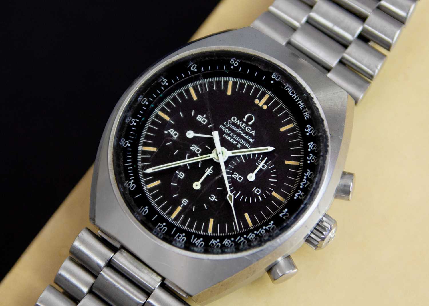 Lot 51 - OMEGA - A Speedmaster Professional Mark II stainless steel chronograph bracelet wristwatch.