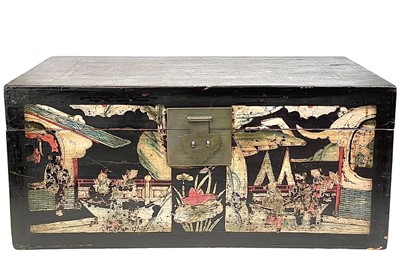 Lot 660 - A Chinese black lacquered and painted wood trunk.