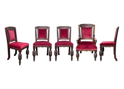 Lot 641 - A Set of five late Victorian carved oak dining chairs.