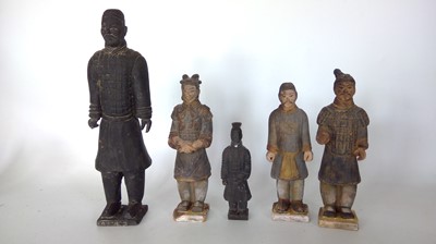 Lot 182 - Terracotta army figures, a wooden carved...
