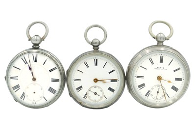 Lot 201 - Three silver-cased key wind lever pocket watches.