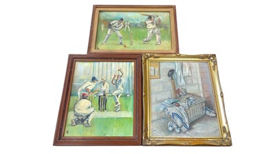 Lot 69 - Cricket interest. Three oil on board cricket...