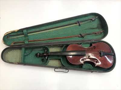 Lot 96 - A cased violin, 13" two piece back, no...