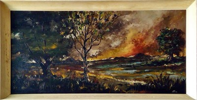 Lot 130 - A darkening sky, oil on board, indistinctly...