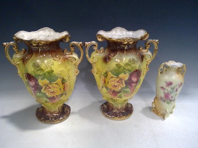 Lot 138 - A Pair of Rose Decorated Mantle Vases and a...