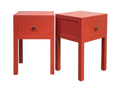 Lot 1168 - A pair of red painted oak bedside tables.