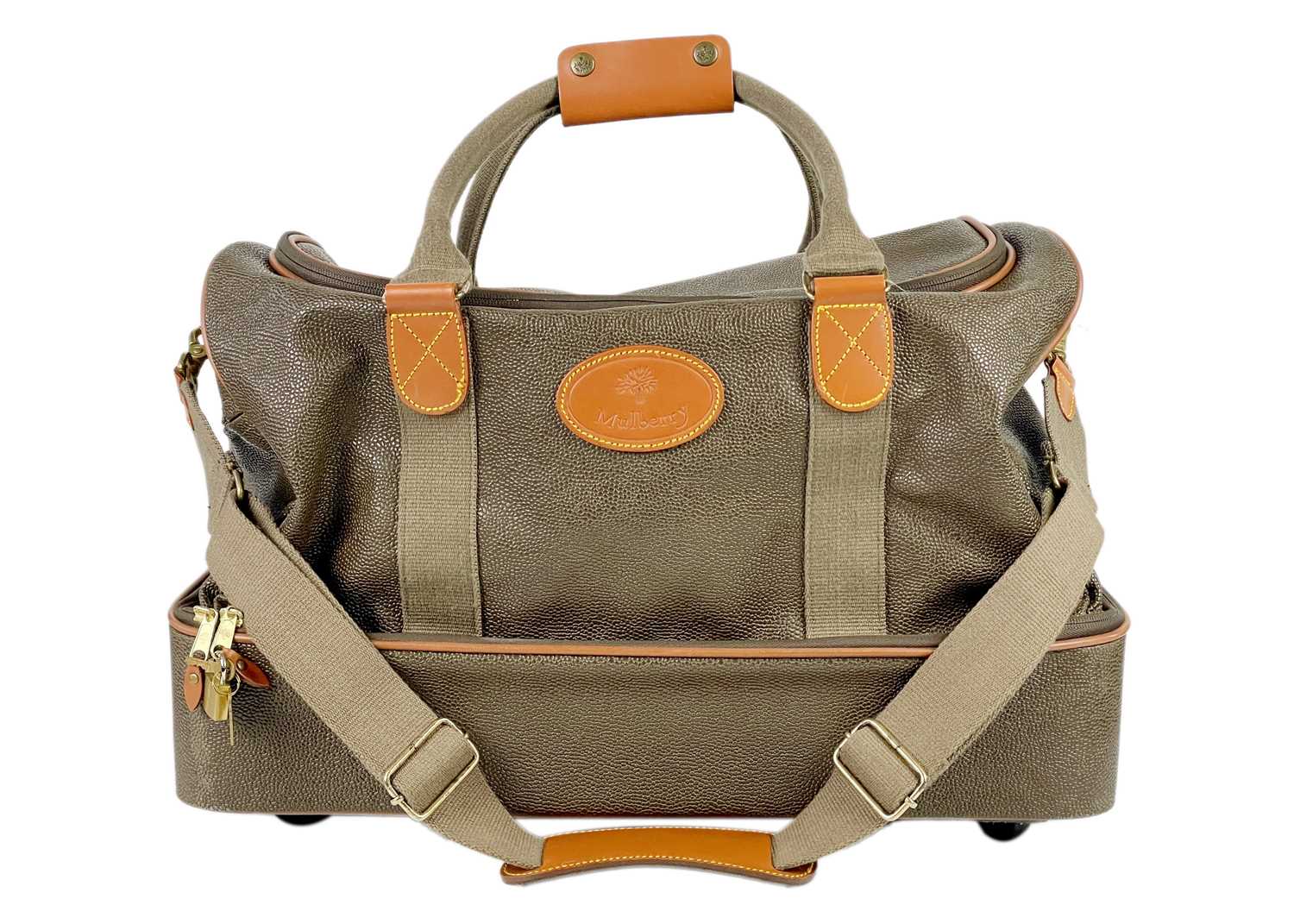 Lot 351 - MULBERRY - A Scotchgrain holdall in two sections with rolling wheels.