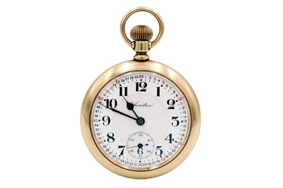 Lot 20 - HAMILTON WATCH COMPANY - A gold plated crown wind lever set pocket watch.