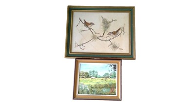 Lot 70 - 'Wrens on a branch' oil on board, signed K....