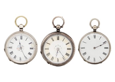 Lot 16 - A selection of three silver-cased key wind cylinder fob pocket watches.