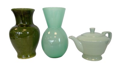 Lot 100 - A green glazed vase, a glass vase and Wood's...