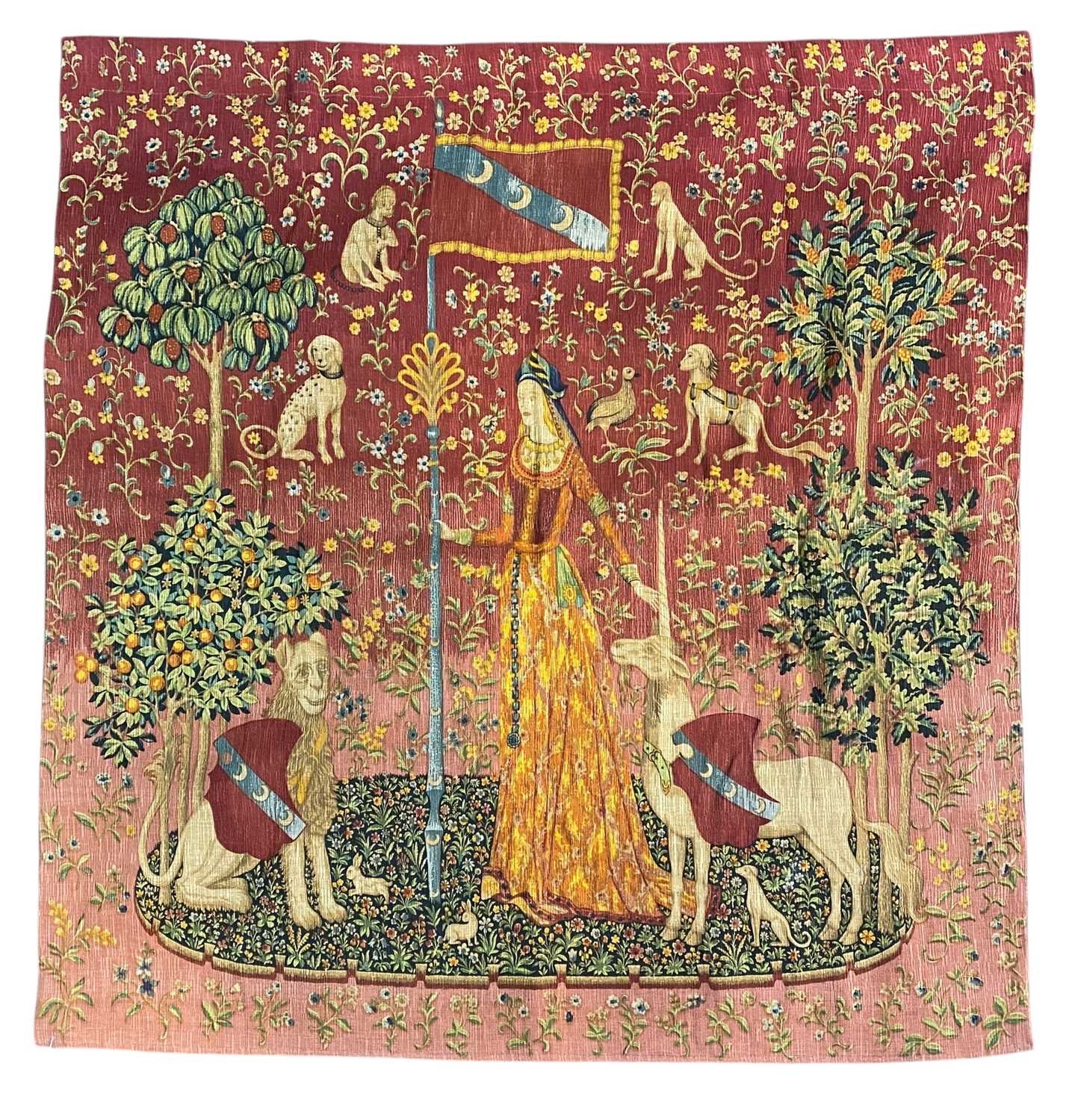 Lot 280 - A Belgian machine made 'Lady with Unicorn' tapestry.