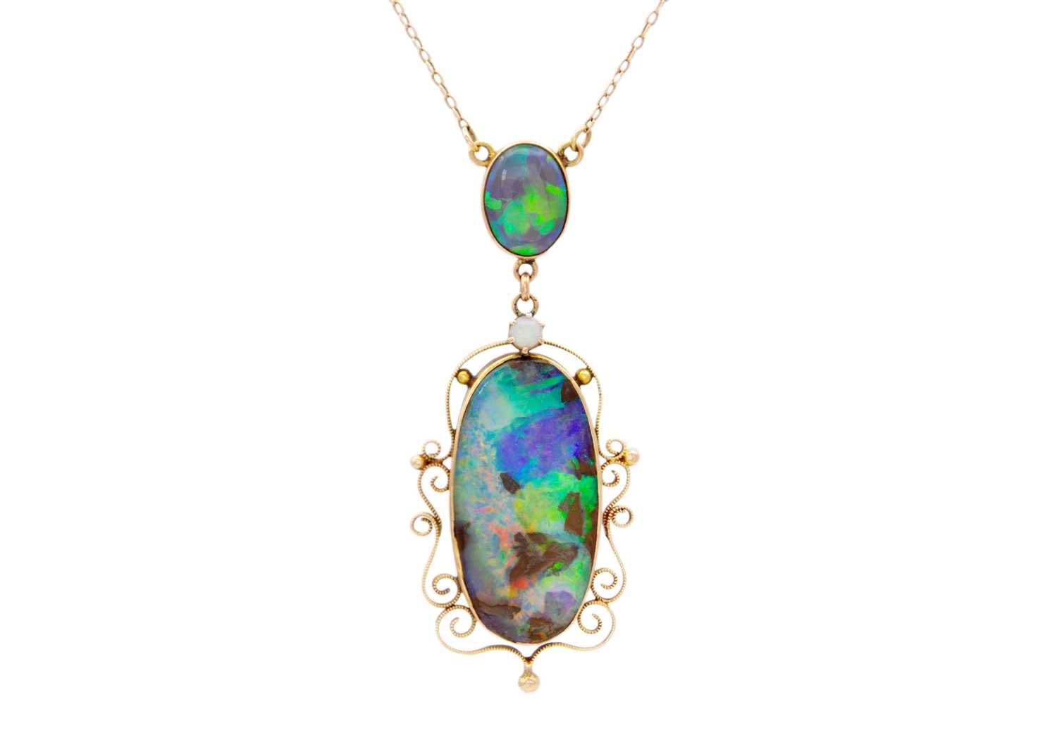 Lot 32 - A good 9k gold black boulder opal pendant necklace.