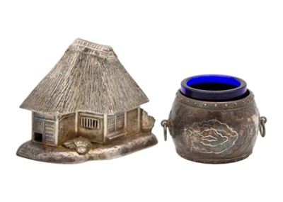 Lot 61 - A Chinese silver novelty two section cruet in the form of a thatched cottage.