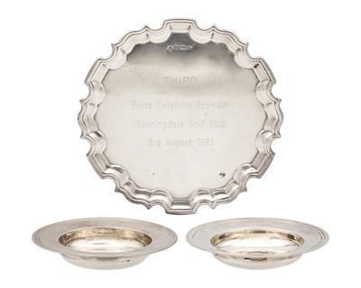 Lot 79 - A modern silver pie crust card tray and two similar modern silver pin dishes.