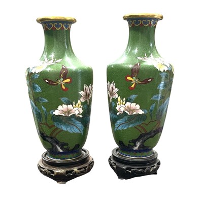 Lot 86 - A pair of Chinese green cloisonne vases with...