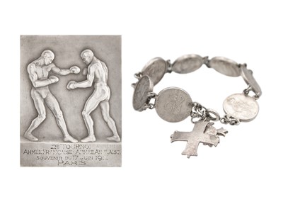 Lot 226 - A silver miniature medal bracelet, with French boxing plaque.