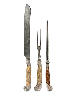 Lot 132 - A Victorian cased meat carving set with silver mounted antler pistol handles by Harrison Brothers & Howson.