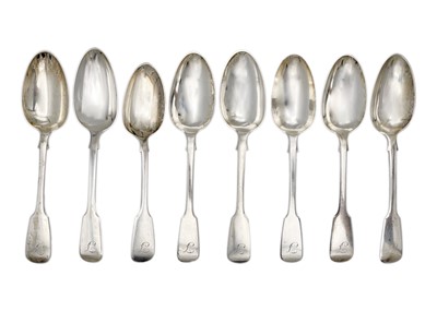 Lot 136 - A Victorian silver Fiddle Pattern set of eight dessert spoons by Henry Holland.