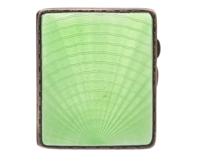 Lot 146 - A George V silver and green guilloche enamel cigarette case by Joseph Gloster Ltd.