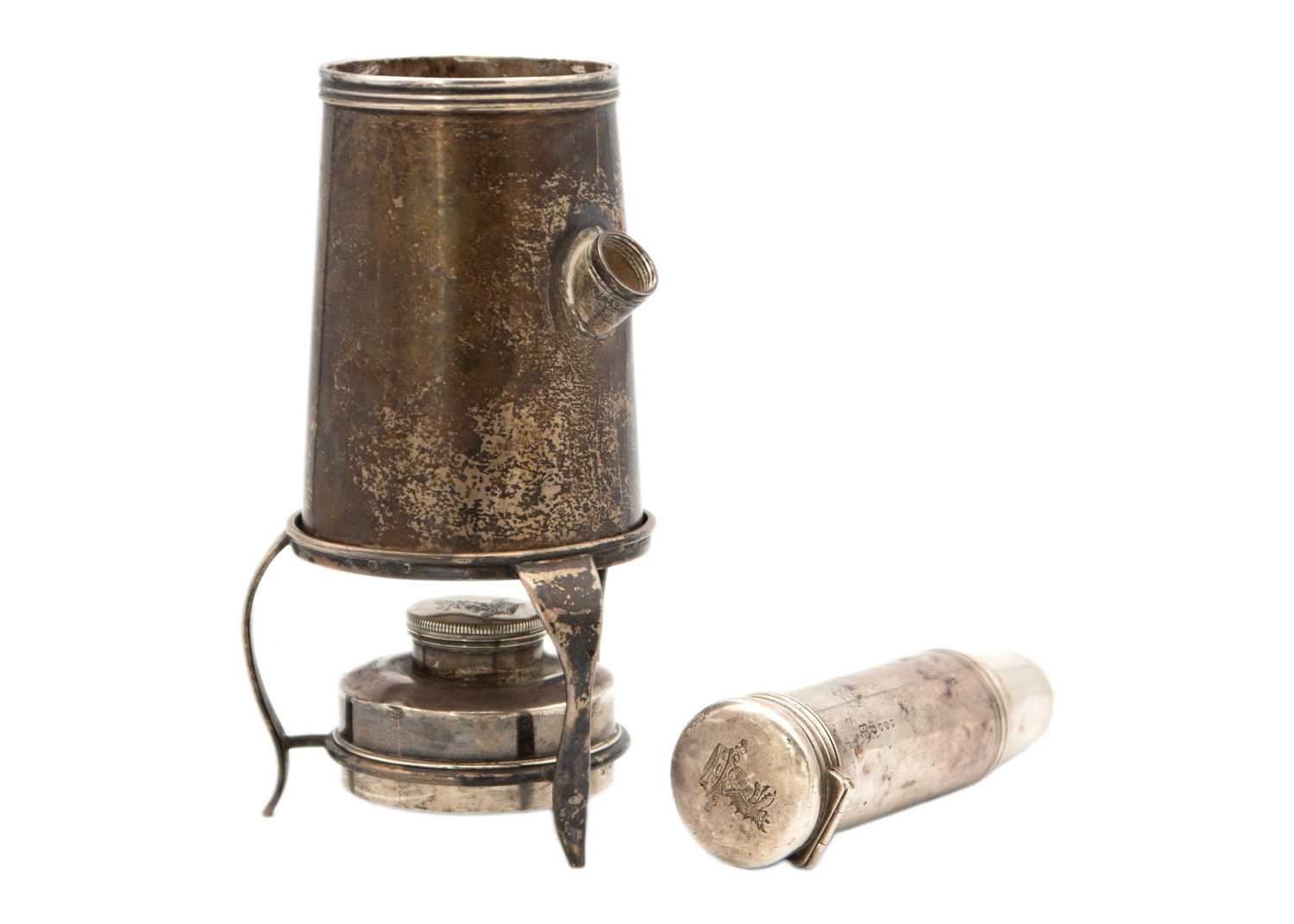 Lot 118 - A Victorian silver officers trench campaign coffee pot with burner and stand by Wright & Davies.