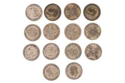 Lot 21 - A collection of 14 George V One Florin .500 silver coins.