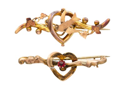 Lot 49 - Two 9k gold heart-shaped design bar brooches.