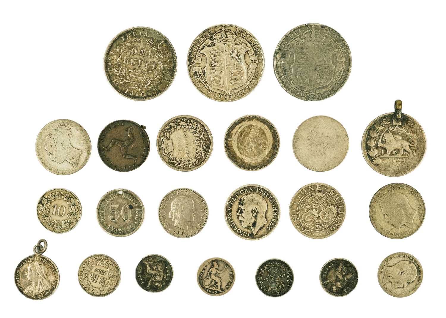 Lot 7 - A selection of GB silver coinage, a Manx 1839 farthing, and foreign silver coins.