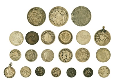 Lot 97 - A selection of GB silver coinage, a Manx 1839 farthing, and foreign silver coins.