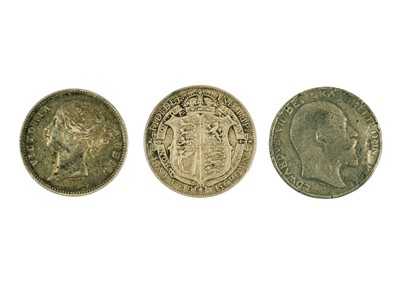 Lot 7 - A selection of GB silver coinage, a Manx 1839 farthing, and foreign silver coins.