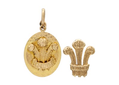 Lot 59 - A 9k gold 'Prince of Wales's feathers' pendant and a similar tie pin.