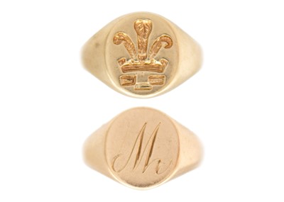 Lot 65 - Two 9k gold ladies' signet rings.