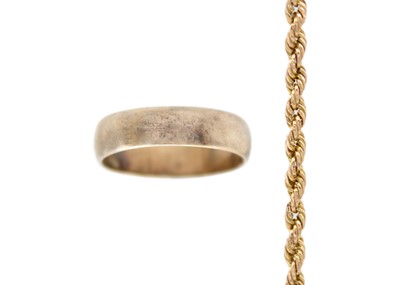 Lot 86 - An Italian 9k gold rope link bracelet with 9k white gold band ring.