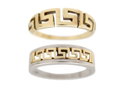 Lot 88 - Two 14k gold Greek key design band rings.