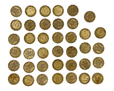 Lot 14 - A collection of 39 George VI brass threepence coins.