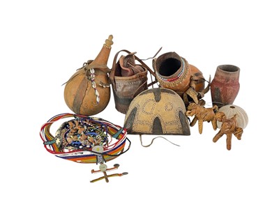 Lot 14 - Assorted tribal gourds, beadwork, etc.