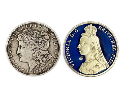 Lot 23 - A USA 1921 Morgan silver dollar and a Victoria 1890 enamel decorated crown.