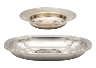 Lot 209 - A Swiss silver quatrefoil-shaped dish with a coin insert by Jezler, and a small round dish.