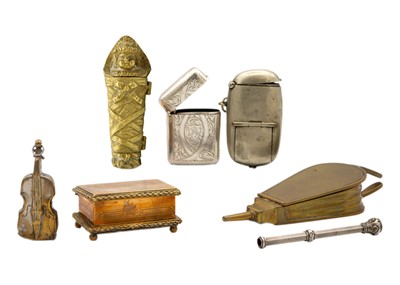 Lot 242 - A collection of various novelty Vesta cases and a silver propelling pencil.