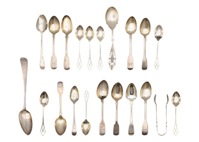 Lot 195 - A selection of antique silver spoons with sugar tongs.