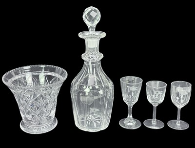 Lot 179 - A Stuart crystal vase, a decanter and stopper, and three liqueur glasses.