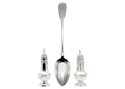 Lot 214 - A George V silver serving spoon by John Hudson, and two matched silver pepperettes.