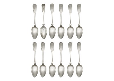 Lot 273 - A George III Scottish silver matched set of twelve fiddle and shell pattern tablespoons.