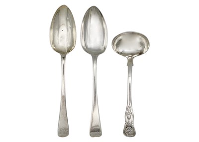 Lot 276 - A William VI Scottish silver shell pattern ladle, and a pair of George III fiddle pattern tablespoons.