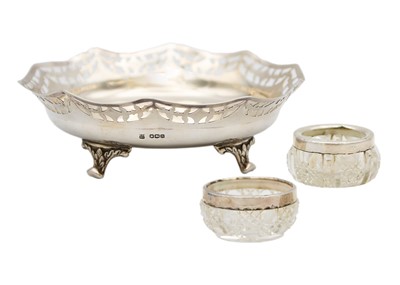 Lot 290 - A George V silver sweet bowl with a couple of silver rim, and two cut glass pots.