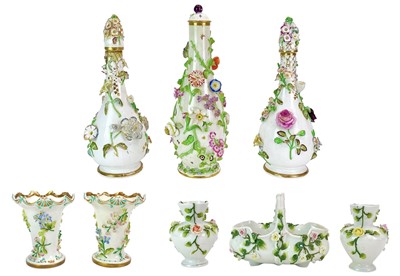 Lot 233 - A pair of English porcelain floral encrusted vases.