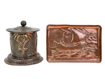 Lot 106 - An Arts and Crafts copper cylindrical tobacco jar.