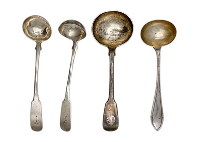 Lot 220 - A selection of three silver ladle spoons with one silver-plated spoon.