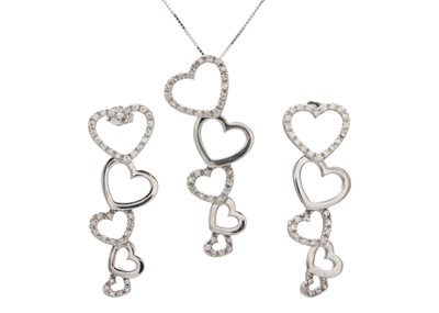 Lot 168 - An 18k white gold heart-shaped interlinked diamond necklace with a matching pair of earrings.