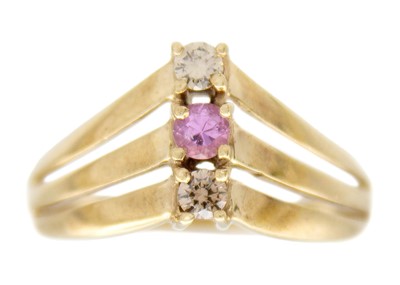 Lot 164 - A 9k triple wishbone ring set with a pink sapphire and two diamonds.